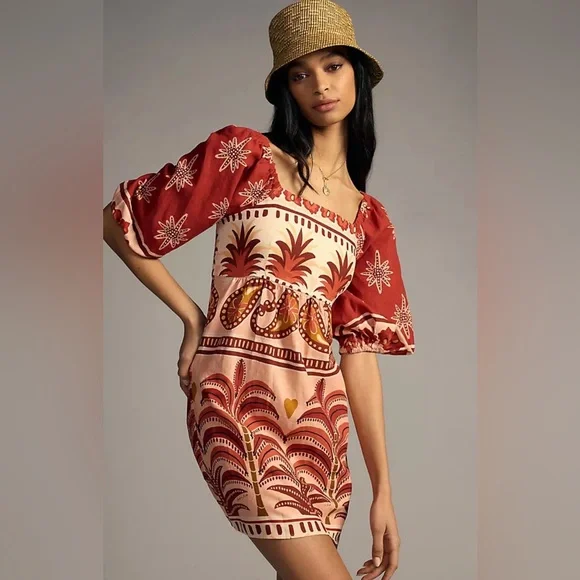 Farm Rio Anthropologie Square Neck Mini Dress, size M, Linen Blend - Picture 1 of 4